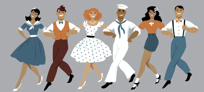 a chorus line of male and female performers dressed in vintage fashion dancing a routine in a classic musical theater, eps 8 vector illustration