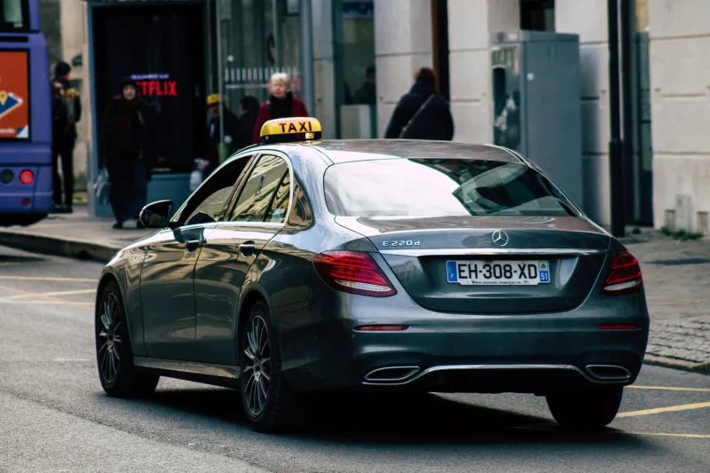 reims france november 25, 2019 view of a taxi parked in the streets of reims in the afternoon