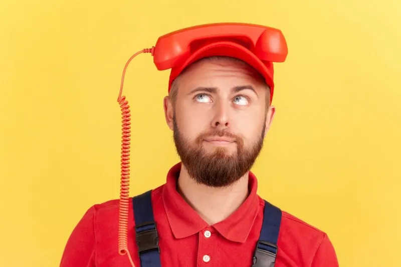 portrait of funny worker man holding handset on his head and looking up, tired of calling for order service, wearing overalls and red cap indoor studio shot isolated on yellow background