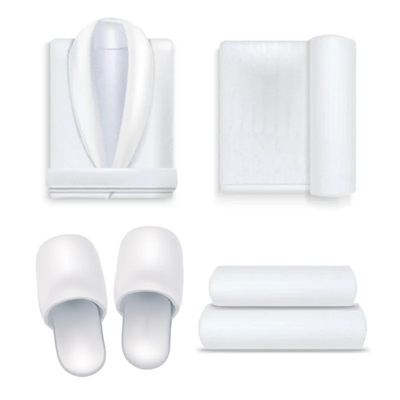 realistic 3d detailed white hotel or spa bathroom set include of towel, slippers and bathrobe vector illustration