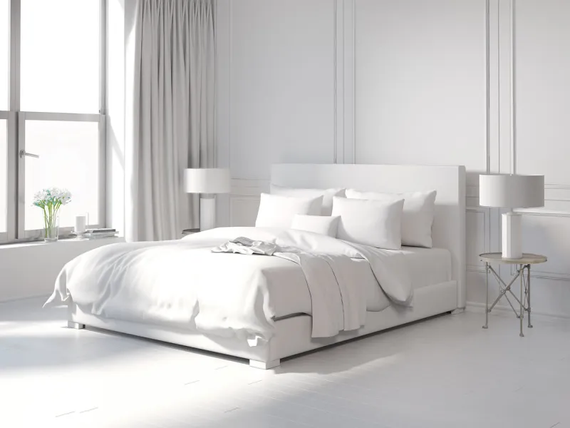 rendering of a contemporary all white bedroom