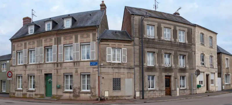 livarot, france - january 2, 2019  typical buildings and streets of livarot with no people its known for the production of the livarot cheese