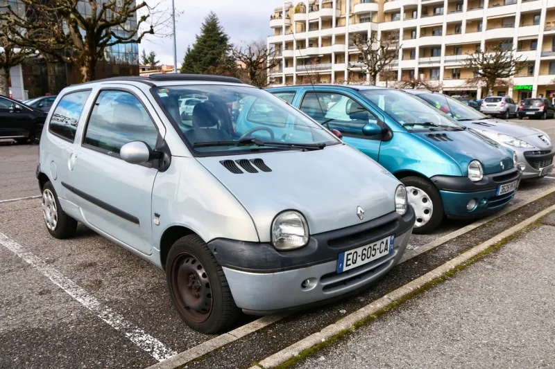 annecy, france - march 13, 2019  compact cars renault twingo in the city street