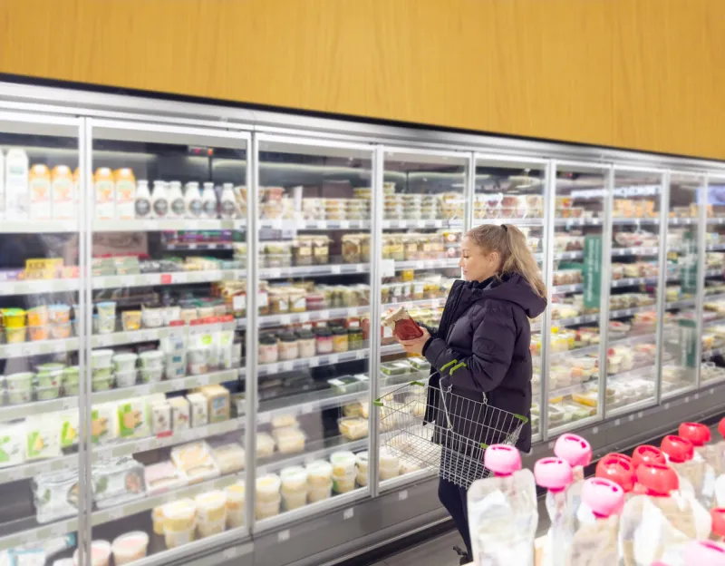 woman choosing frozen food from a supermarket freezer