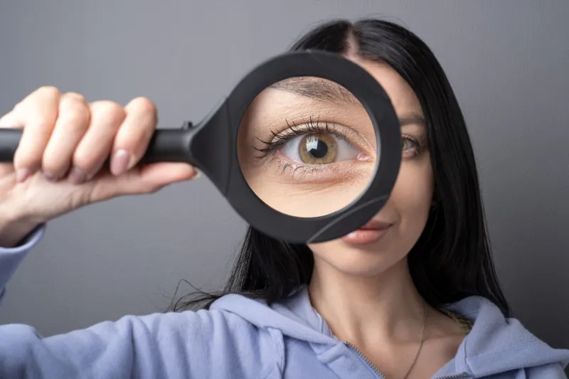 woman looking through a magnifying glass, searching for a finding concept funny humor image