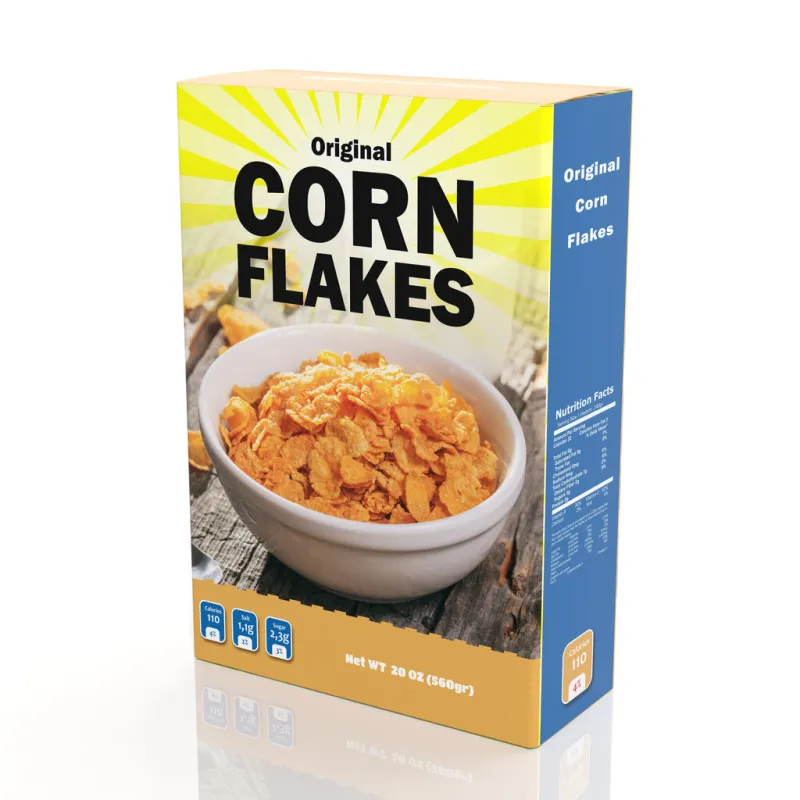 3d rendering of corn flakes paper packaging, isolated on white background