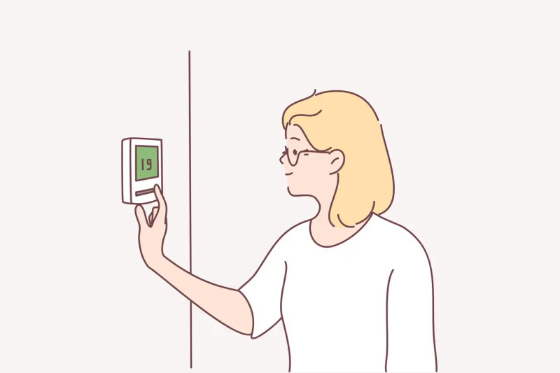 central heating, air conditioning concept portrait of smiling blonde woman cartoon character standing and fixing temperature of central heating at home to in office vector illustration