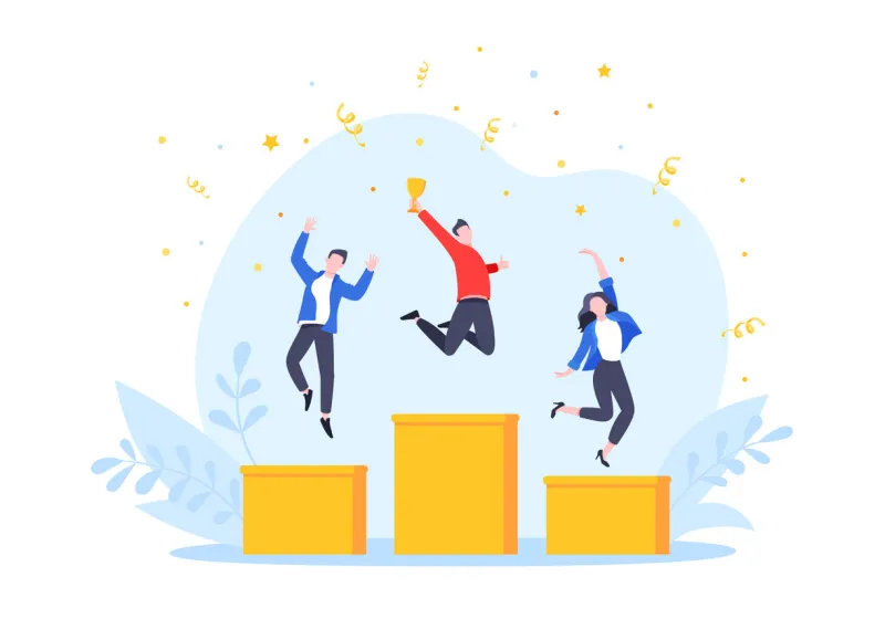 people standing on the podium rank first three places, jumps in the air with trophy cap employee recognition and competition award winner business concept flat style design vector illustration