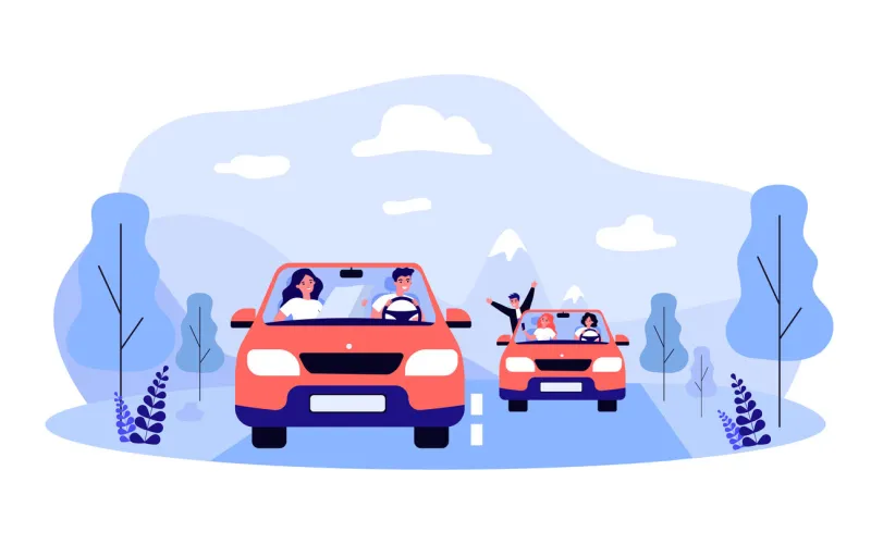 friends going on road trip together flat vector illustration young men and women travelling in two identical cars along pre-planned route adventure, friendship, transport, travel, auto concept