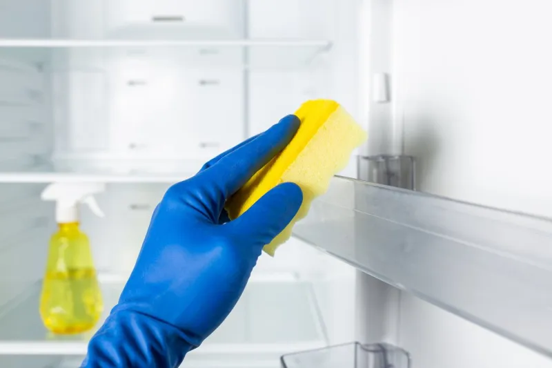 hands in blue color gloves cleaning refrigerator inside with spray detergent and pece of cloth