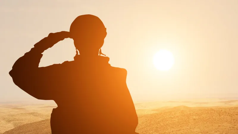 silhouette of a solider saluting against the sunrise in the desert of the middle east concept - armed forces of uae, israel, egypt