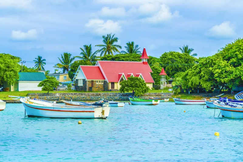 view of red church at cap malheureux, mauritius island