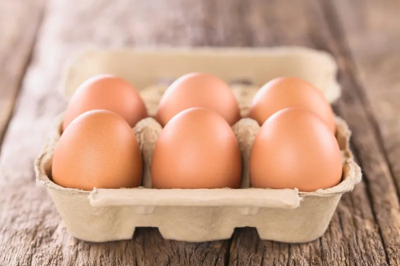 raw brown eggs in egg box or carton (very shallow depth of field, focus on the front of the first eggs)