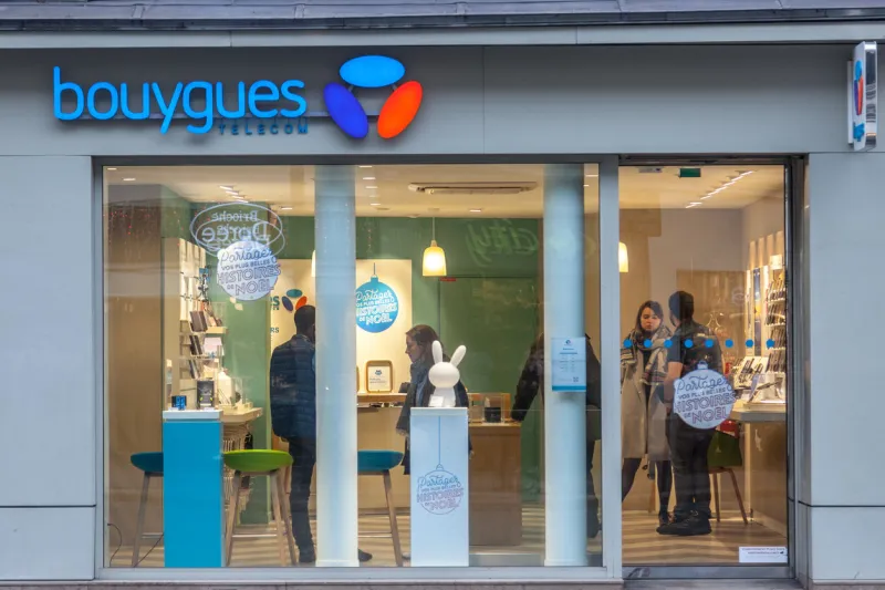 logo of bouygues telecom on their main shop on rue de rivoli avenue in paris, france, during a cloudy afternoon part of the bouygues group, bouygues is one of the biggest french internet serviceprovider and mobile phone operator