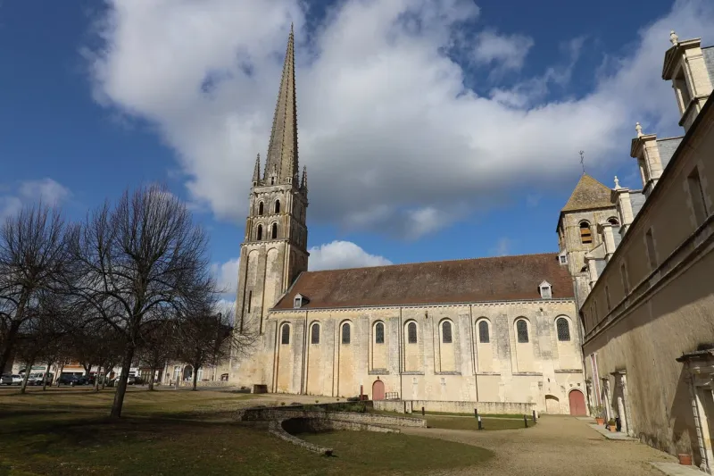 the abbey of saint savin sur gartempe, romanesque style abbey, view from the outside, town of saint savin sur gartempe, department of vienne, france
