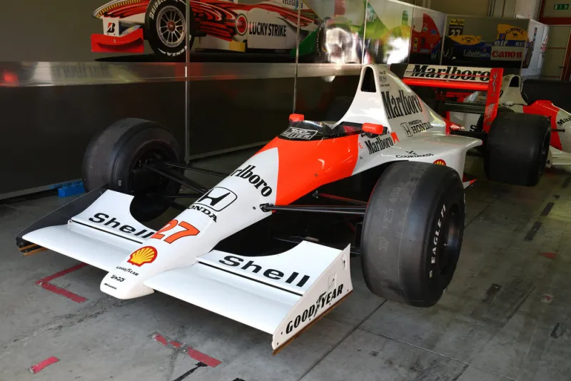 imola, 27 april 2019  historic 1990 f1 mclaren mp4-5b ex ayrton senna - gerhard berger in the box during minardi historic day 2019 at imola circuit in italy