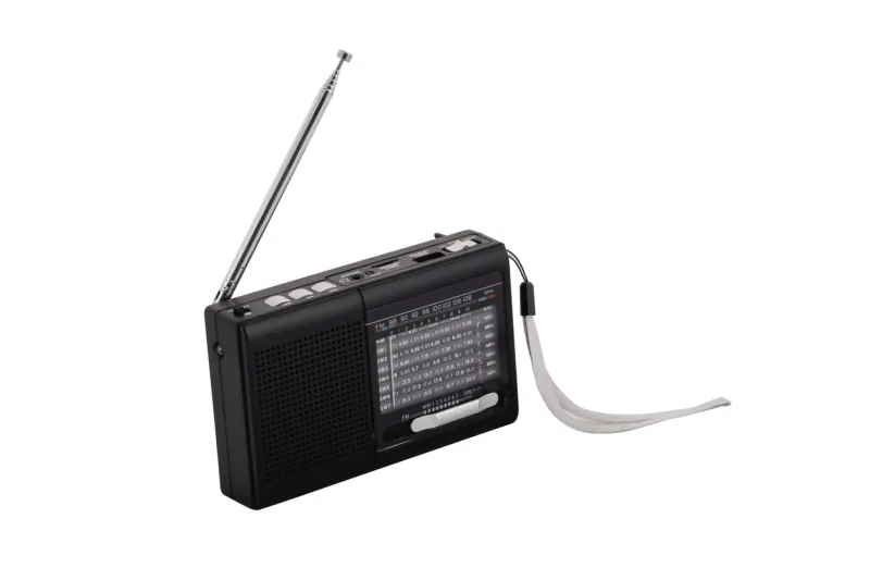 black pocket radio with antenna on white background