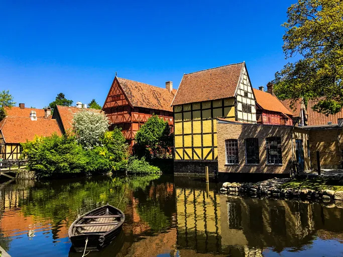 beautiful houses by a river in aarhus, denmark - den gamle by - danish architecture - scandinavian
