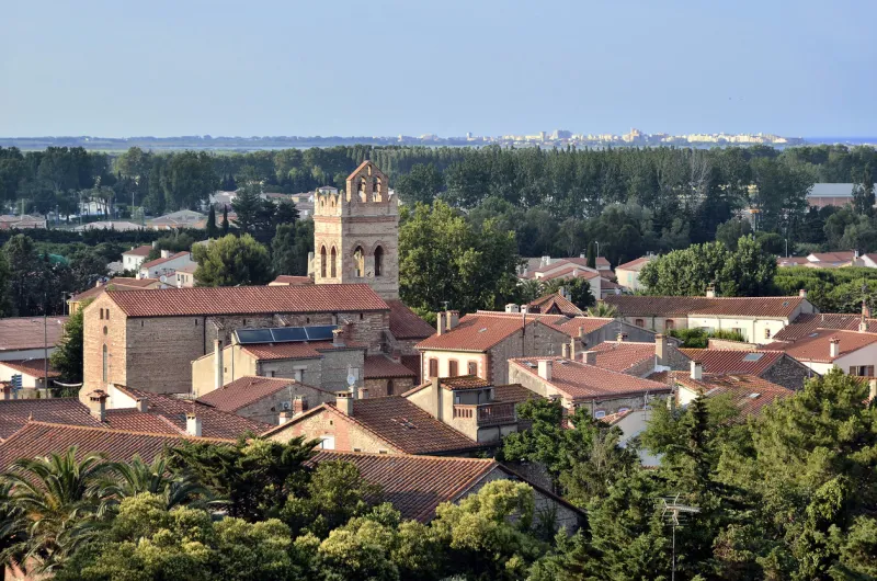 aerial view of church of saint-cyprien village, commune in the pyrénées-orientales department, languedoc-roussillon region, in southern france