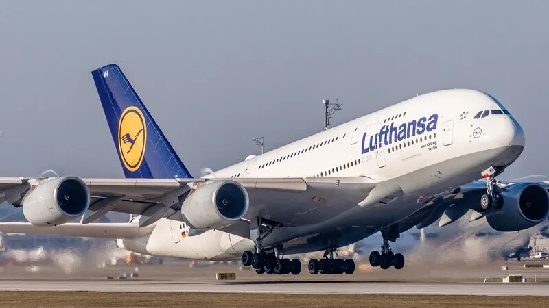 munich, germany - december 12, 2019  an airbus a380-841 from lufthansa takes off from munich airport the aircraft with registration d-aimh has been in service for the german airline since july