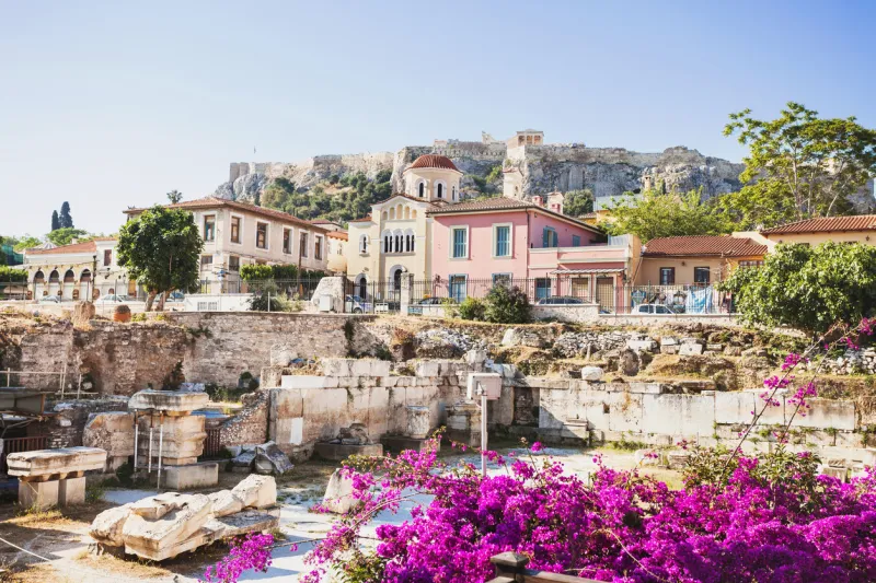 view of ancient greek street, plaka district, athens, greece
