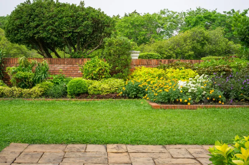 backyard english cottage garden, colorful flowering plant and green grass lawn, brown pavement and orange brick wall, evergreen trees on background, in good care maintenance landscaping in park