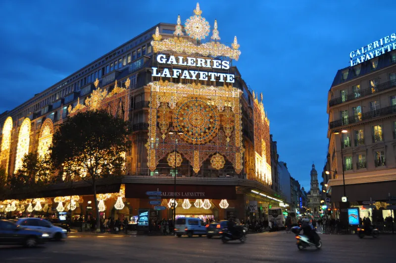 paris, france - november, 05, 2009  night view of lafayette galeries in christmas time, paris, france