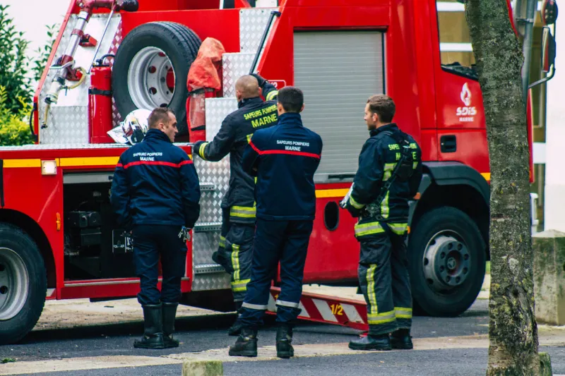 reims france october 08, 2020 view of french firefighter in intervention in the streets of reims, a city in the grand est region of france and one of the oldest in europe