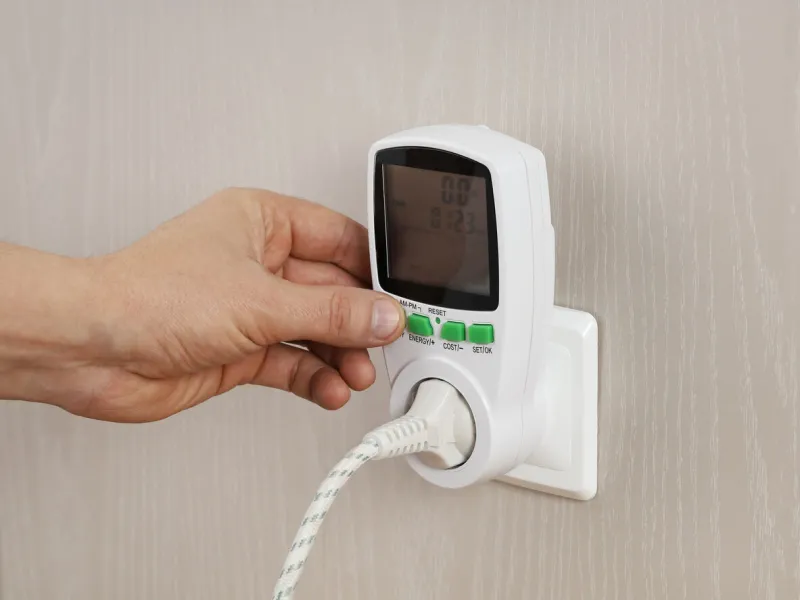 hand presses button in wattmeter on wall, for measuring electricity costs in device, close-up