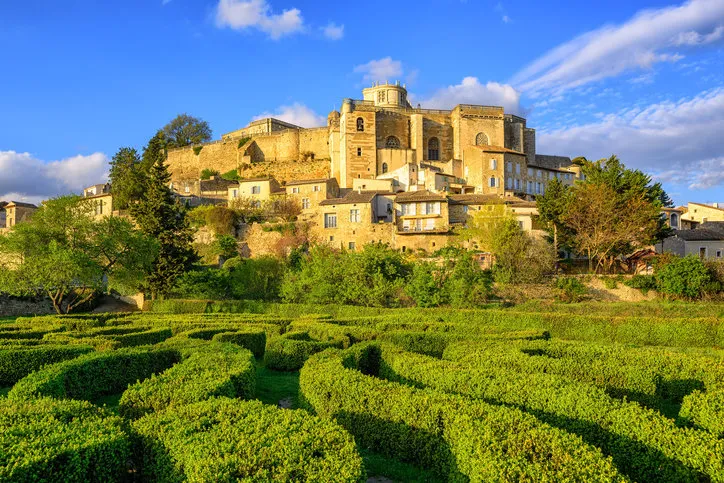 labyrinth garden beneath the hilltop town grignan, drome, france