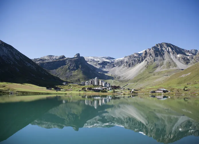 french alps, beautiful landscape of tignes- small turistic town added vigneting