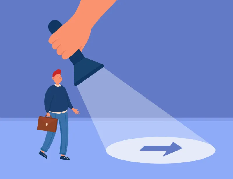 businessman following arrow sign under light of flashlight huge hand guiding business person or detective searching for solution of problem flat vector illustration achievement, guidance concept