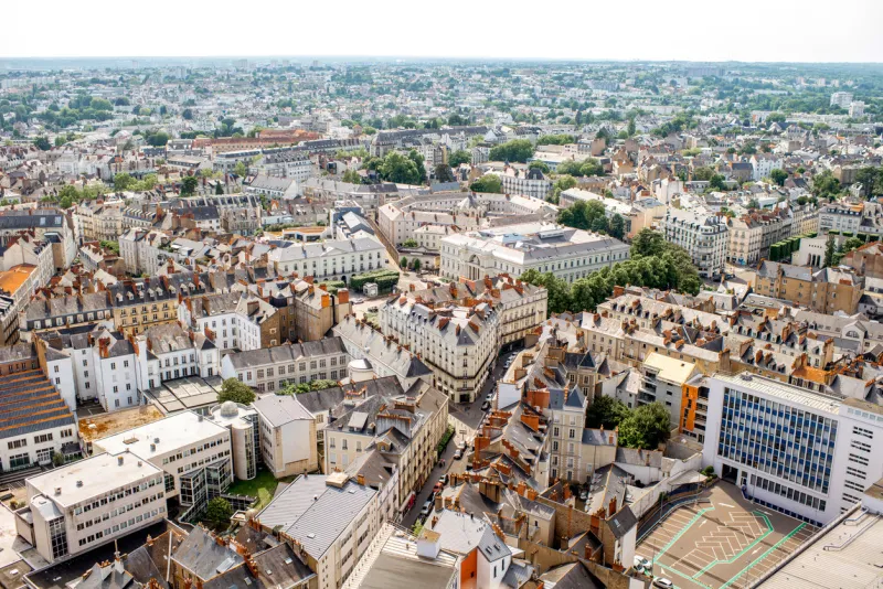 aerial cityscape view with beautiful buildings and in nantes city during the sunny weather in france