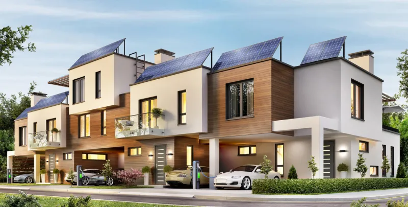 house with a terrace and solar panels on the roof electric cars on charging
