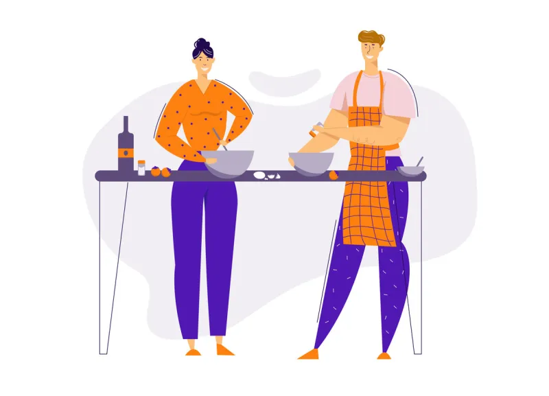 happy couple preparing food together in the kitchen man and woman characters cooking at home family relationships vector flat cartoon illustration