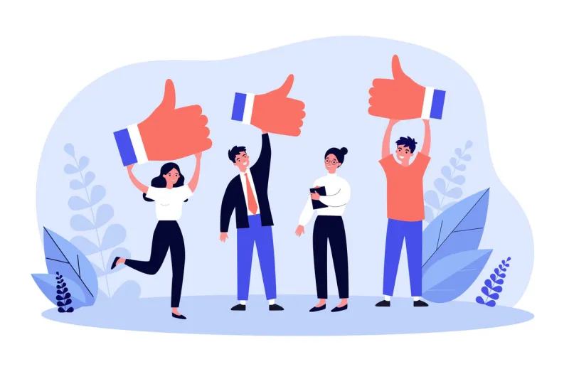 happy clients giving positive feedback to product quality customers showing like, giving support to top service vector illustration for rating, survey, marketing, business success concept