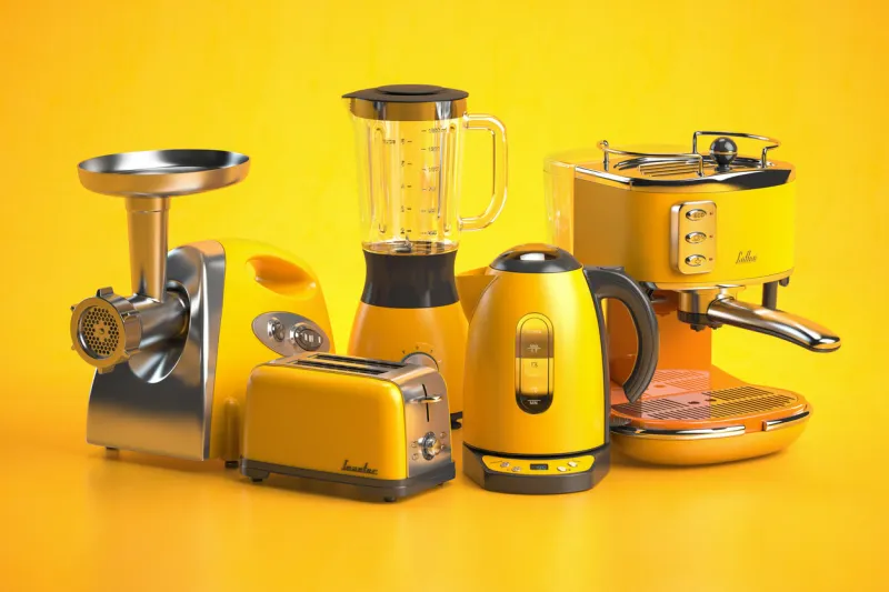 yellow kitchen appliances on yellow background set of home kitchen technics 3d illustration