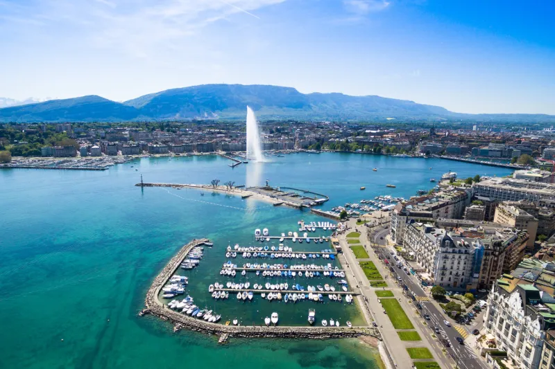 aerial view of leman lake - geneva city in switzerland