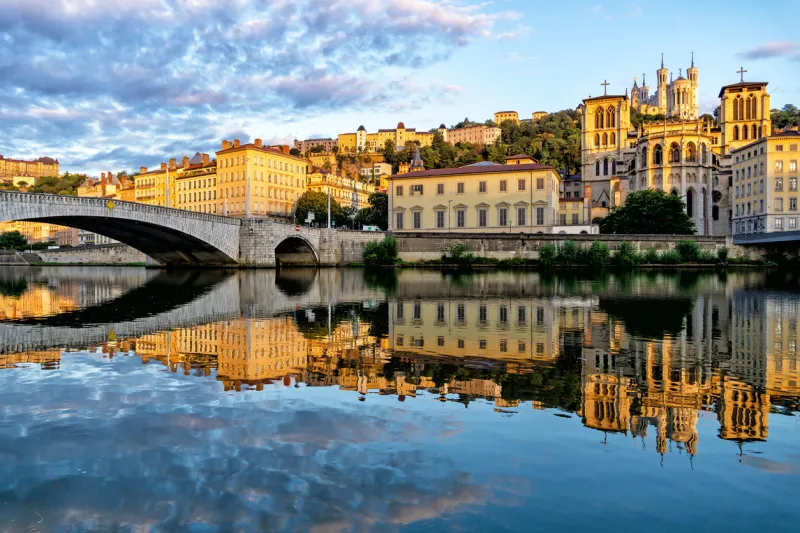 cathedral saint jean, basilica notre-dame de fourviere and the saone river in lyon city at morning, region auvergne-rhone-alpes, rhone, france