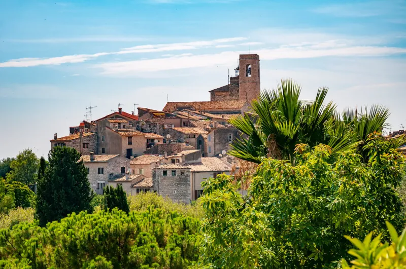 panoramic view of saint-paul-de-vence town in provence, france it is a medieval village, popular tourist attraction known as 'village perches' 'village-fortress' and town of arts