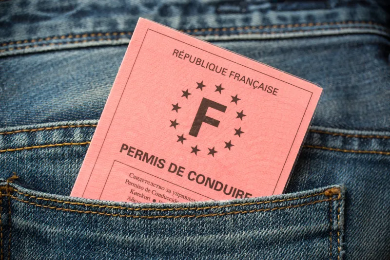 french driving license in the rear pocket of blue jeans, driving licence test concept