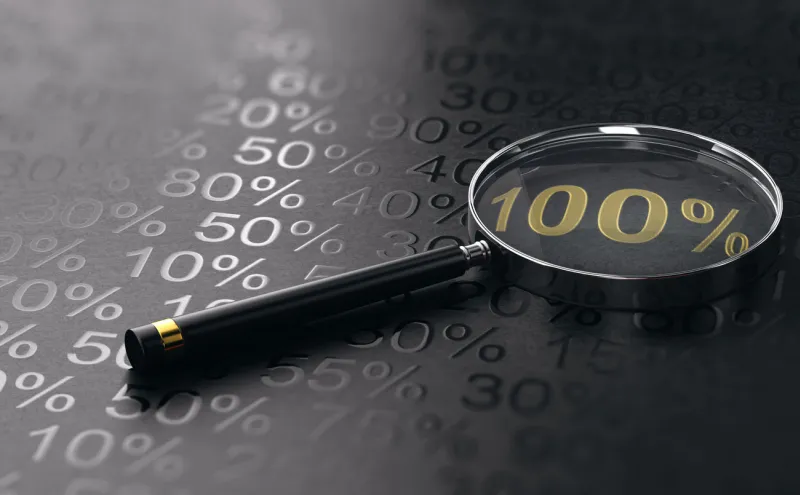 magnifying glass over number 100 percent written with golden letters with other percentages surrounding it objective achievement concept 3d illustration
