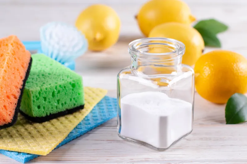 eco friendly home cleaning, homemade recipe soda, lemon, salt healthy lifestyle zero waste detergent on white background