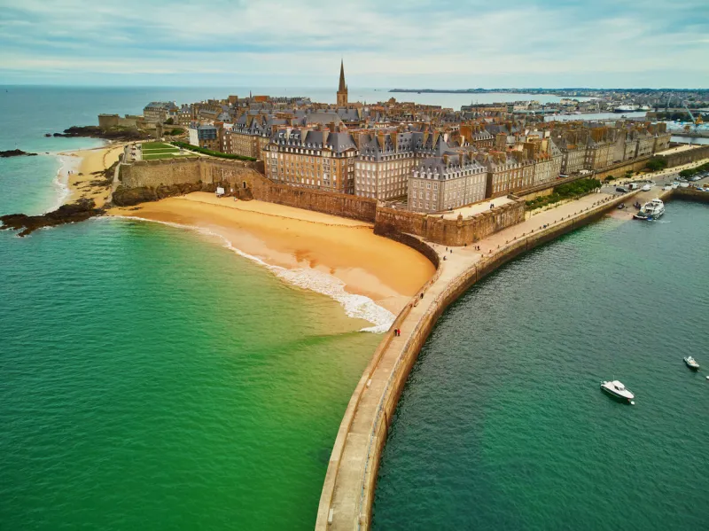 scenic aerial drone view of saint-malo intra-muros in brittany, france