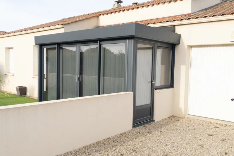 veranda glazed gallery grey against house modern facade entrance room in home garden