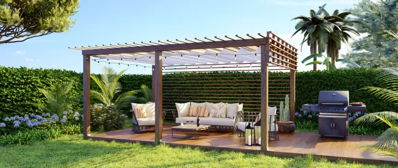 3d illustration of a luxury wooden teak deck with gas grill and decor furniture panoramic view of a wooden pergola in the back garden