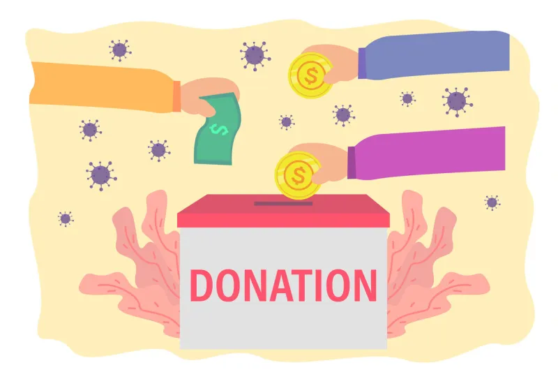 donation vector concept  hands putting money into donation box with coronavirus background
