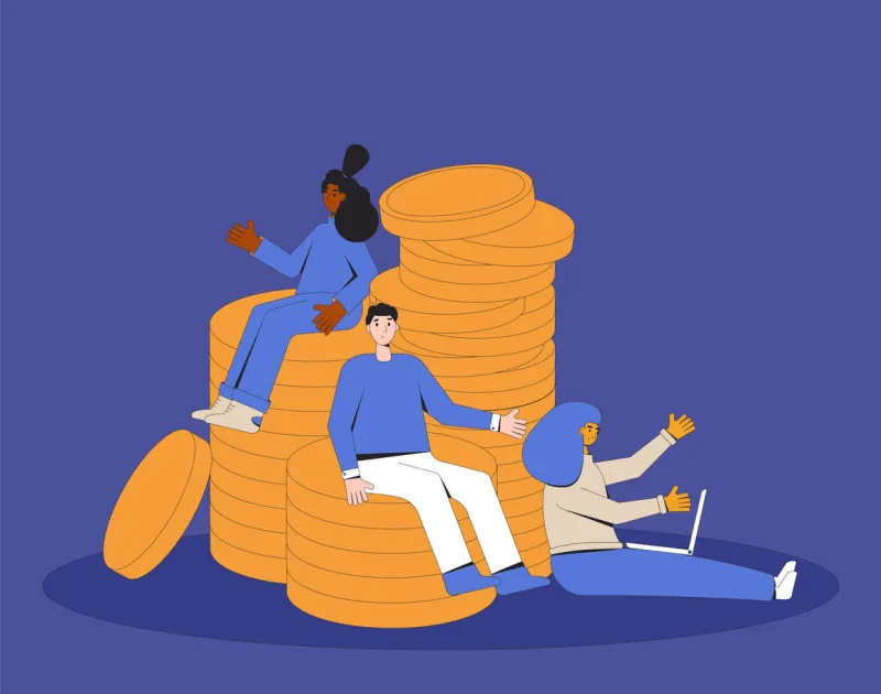 people with money young male and female characters sitting with huge coins savings or bank deposit vector color line art illustration