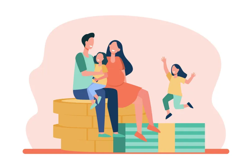 happy parents with kids sitting on pile of coins dollar, money, children flat vector illustration finance and family concept for banner, website design or landing web page