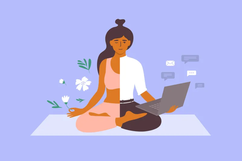 work life balance vector concept business woman meditating on yoga mat holds laptop and flower in hand female character choosing between health relax and career dividing office vs rest illustration